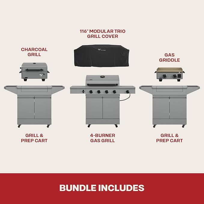 Tytus Anaheim 4-Burner Gas Grill with Two Prep Carts, Charcoal Grill, and Gas Griddle with Cover - Modular Outdoor Kitchen, Quick Assembly, Outdoor Cooking, Kitchen Island for BBQ