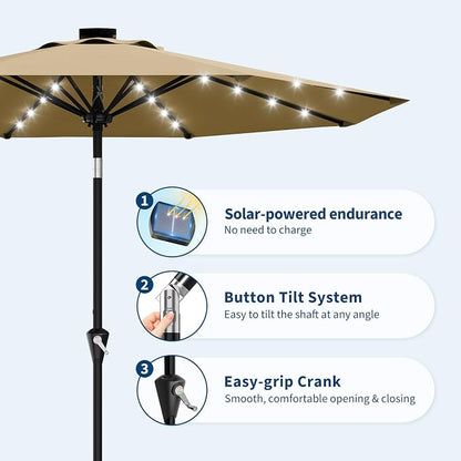 Garvee 9FT Solar Patio Umbrella Outdoor Umbrella with 32 LED Lights | Crank Lift, Push Button Tilt & 8 Sturdy Ribs, UV Resistant Waterproof Market Umbrella for Pool, Yard, Garden(Tan)