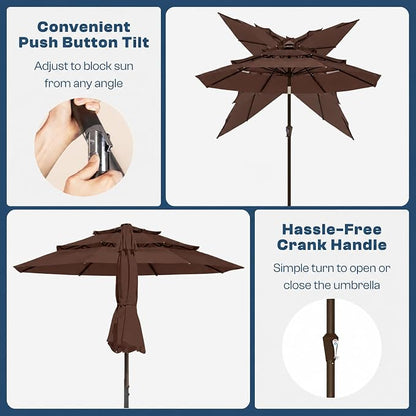 10ft 3 Tier Patio Umbrella, Outdoor Market Table Umbrella with UPF 50+ Vented Canopy, 8 Sturdy Ribs, Easy Push Button Tilt and Crank, Windproof for Deck, Pool, Backyard and Garden