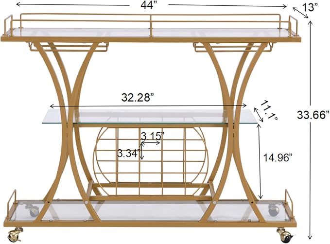 Gold Bar Carts with Glass Holders & Wine Rack,3 Tier Home Bar Serving Carts with Glass Shelves,Metal Rolling Bar Carts for The Home Kitchen, Party | With Wine Rack, Modern, Holder Rack, Easy Assembly, Sturdy