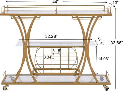 Gold Bar Carts with Glass Holders & Wine Rack,3 Tier Home Bar Serving Carts with Glass Shelves,Metal Rolling Bar Carts for The Home Kitchen, Party | With Wine Rack, Modern, Holder Rack, Easy Assembly, Sturdy
