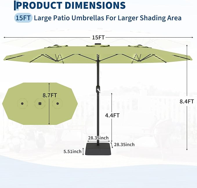 Garvee 15FT Patio Umbrella with Base Included Outdoor Umbrella, Lime Green | Large Market Umbrellas with Crank Handle UV Protection Table Umbrellas for Outdoor, Backyard, Deck, Poolside