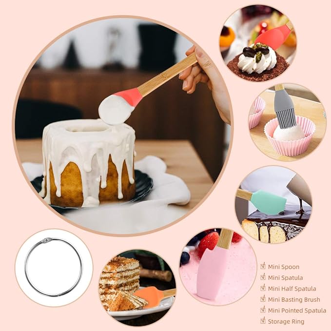 5 Piece Silicone Spatula,Mini Rubber Spatula Wooden Handle,Heat Resistant Silicone Spatula Set,Kitchen Utensils Non-Stick For Baking,Cooking And Mixing