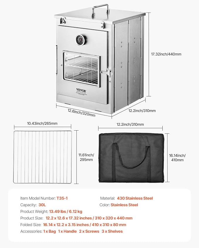 VEVOR Foldable Camping Oven, Stainless Steel Portable Camping Stove, with 3 Tier Grill, Handle and Thermometer, Use with Wood Burning Fire, Propane Stoves, for Baking Bread, Pizza, Outdoor Cooking