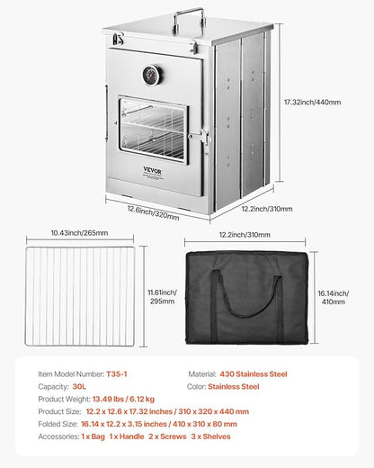 VEVOR Foldable Camping Oven, Stainless Steel Portable Camping Stove, with 3 Tier Grill, Handle and Thermometer, Use with Wood Burning Fire, Propane Stoves, for Baking Bread, Pizza, Outdoor Cooking