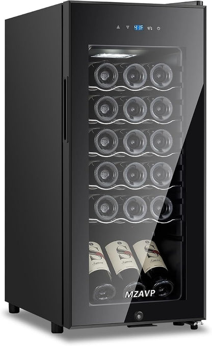 Mini Wine Fridge-Black, 18 Bottles Low Noise Compressor Wine Cooler, Freestanding Wine Cellar with Glass Door and Digital Temperature Control, 14 Inch Wine Refrigerator for Bar, Home & Office