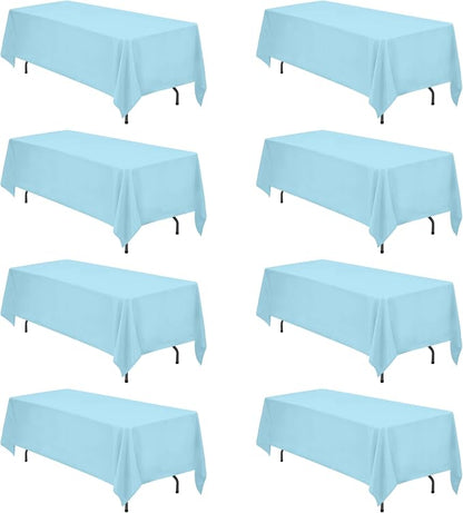 BRILLMAX 8 Pack Light Blue Tablecloth 70x120 Inch for 6-8ft Rectangle Table | 150 GSM Polyester Fabric, Universal Fit, Water, Stain & Wrinkle Resistant Cloth Cover for Wedding Reception Banquet Party
