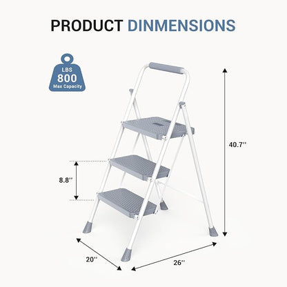 DUMOS 3 Step Ladder, Sturdy Step Stool with Anti-Slip Pedal & Comfortable Handrail, Portable Heavy Duty Stool for Kitchen, Garage & Outdoor, 800lbs, Grey