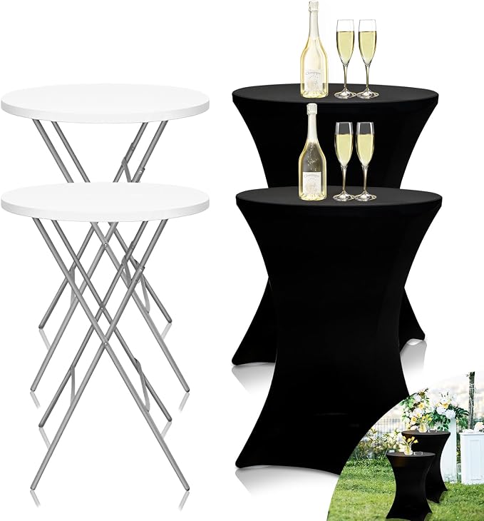 GUAGUA 2 Packs 32in Bar Height Folding Cocktail Tables with Covers | 32inch round bar-height tables with covers for parties, weddings, catering, and portable indoor or outdoor setups.
