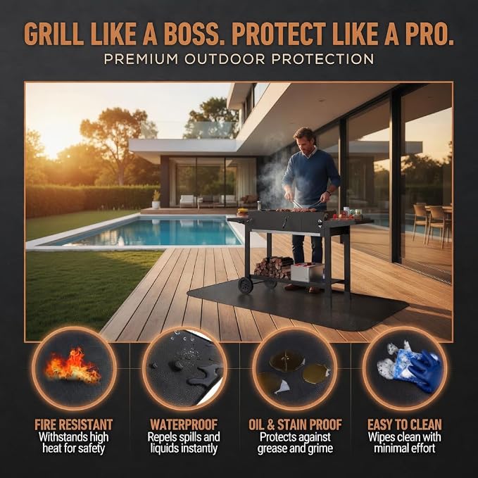 76 x 48 Grill Mat for Outdoor Grill, 32 mil Fire Resistant BBQ Pad | 32 mil XL under grill mat with fiberglass core; silicone fire coating helps protect decks, patios and fire pit areas.