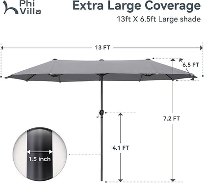 PHI VILLA 13ft Large Patio Umbrellas, Double-Sided Outdoor Market Rectangle Umbrella for Outside, Light Gray