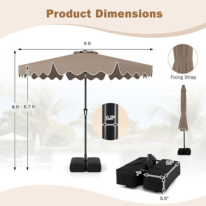 Tangkula 9 FT Patio Umbrella with Base Included, 2-Tiers Outdoor Scalloped Table Umbrella with 2 Sandbags, Tilt Adjustment, Crank, 8 Ribs for Market Backyard Pool Deck Beach Lawn