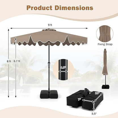 Tangkula 9 FT Patio Umbrella with Base Included, 2-Tiers Outdoor Scalloped Table Umbrella with 2 Sandbags, Tilt Adjustment, Crank, 8 Ribs for Market Backyard Pool Deck Beach Lawn