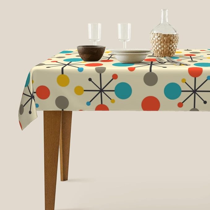 Mid Century Fifties Modern Atomic Retro Colors Tablecloth Washable Waterproof Yellow Table Cover for Kitchen Dining Room Picnic Party BBQ Wedding, Rectangle 60x84 Inch Table Cloth