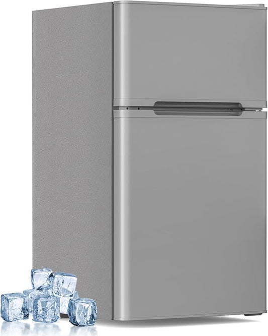 Electactic Mini Fridge with Freezer, 3.2 Cu.Ft Compact Refrigerator with 2 Doors, Small Fridge with Adjustable Thermostat & Removable Glass Shelves for Bedroom, Office, Dorm, or Apartment, Grey