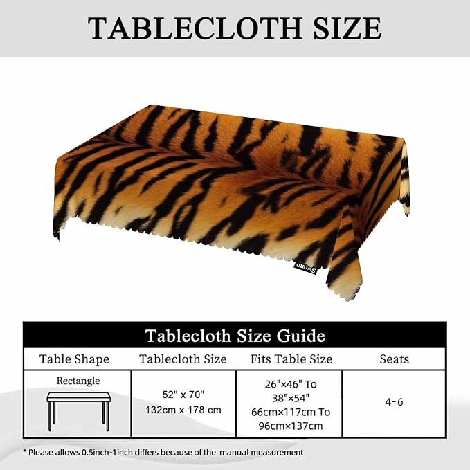 Swono Tiger Print Table Covers 52x70 Inch Wildlife Tiger Skin Brown Black Wipeable Tablecloth Kitchen Dinning Tabletop Decoration, Table Cloth for Outdoor and Indoor Use