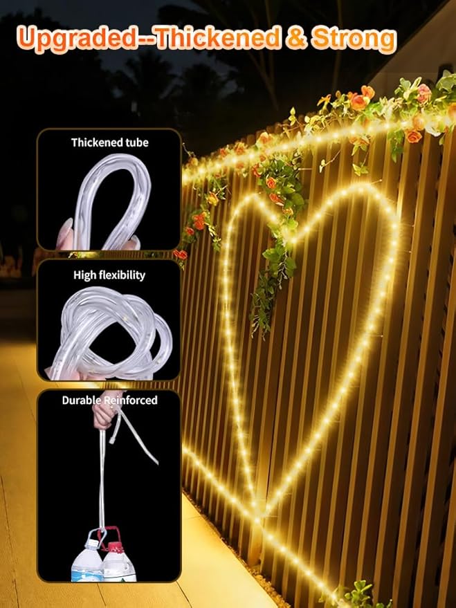 Larger Tube Solar Rope Lights with Remote,39FT 200LEDs Outdoor Solar Strip Lights,IP67 Waterproof USB Charging Solar String Lights, Timing & 8 Modes Fairy Light for Garden Patio Tree (Warm White)