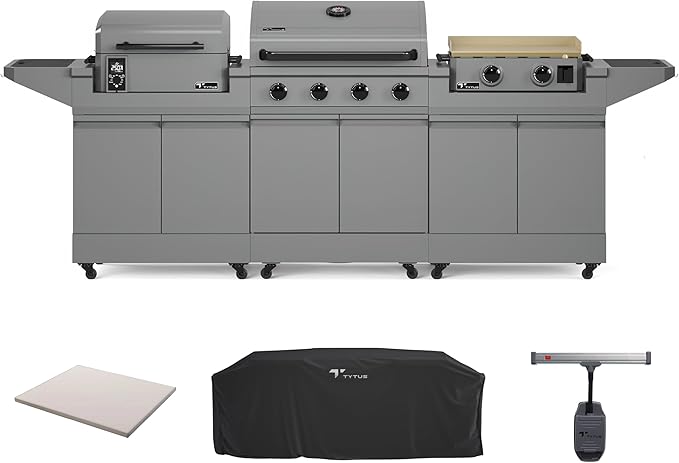 Tytus Anaheim 4-Burner Gas Grill with Two Prep Carts, Pellet Smoker, and Gas Griddle with Cover, Light, and Baking Stone - Modular Outdoor Kitchen, Quick Assembly, Grill for Outdoor Cooking