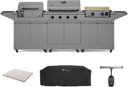 Tytus Anaheim 4-Burner Gas Grill with Two Prep Carts, Pellet Smoker, and Gas Griddle with Cover, Light, and Baking Stone - Modular Outdoor Kitchen, Quick Assembly, Grill for Outdoor Cooking