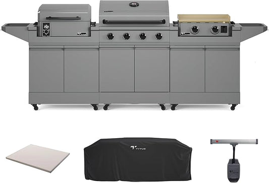 Tytus Anaheim 4-Burner Gas Grill with Two Prep Carts, Pellet Smoker, and Gas Griddle with Cover, Light, and Baking Stone - Modular Outdoor Kitchen, Quick Assembly, Grill for Outdoor Cooking