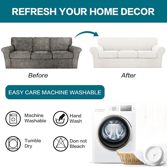 Turquoize 4 Piece Sofa Covers for 3 Cushion Couch Sofa Slipcover Soft Couch Cover for Dogs Washable Furniture Cover with 3 Individual Large Cushion Covers Feature Fabric (Large Sofa, Porcelain White)