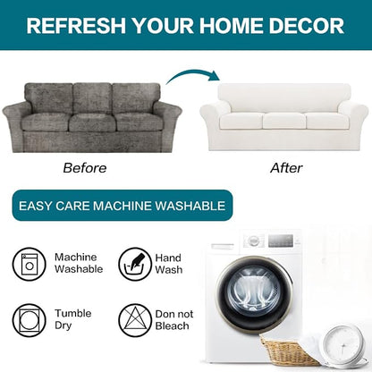 Turquoize 4 Piece Sofa Covers for 3 Cushion Couch Sofa Slipcover Soft Couch Cover for Dogs Washable Furniture Cover with 3 Individual Large Cushion Covers Feature Fabric (Large Sofa, Porcelain White)