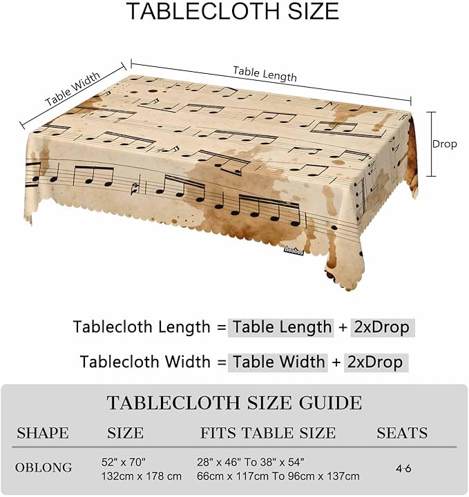 Tablecloth Music Notes 52 X 70 Inch, Retro Musical Piano Music Sheet Oblong Table Cloths Anti-Shrink Decorative Table Cover for Kitchen Dinning Tabletop Outdoor Picnic BBQ