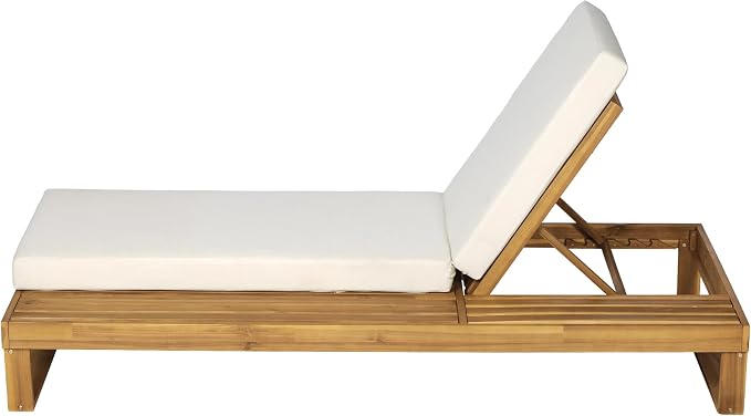 Merax Teak Finish Acacia Wood Chaise Lounge with 4-Inch Cream 2-Fold Cushion Set, 4-Position Adjustable Outdoor Patio Lounger with Flat Side Surface, for Poolside