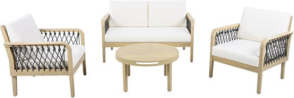 VilroCaz 4-Piece Acacia Wood Outdoor Patio Furniture Set with Loveseat, 2 Club Chair& Coffee Table, All-Weather Conversation Sofa Set with Rope Woven Armrests, Removable Cushions (Light Teak-N5)