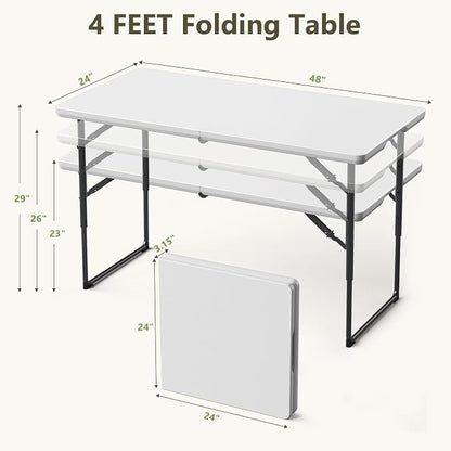 Folding Table and Chairs Set for 4, 4FT Adjustable Height Plastic Folding Table with 4 Foldable Chairs, Portable Folding Table Set for Dining, Party, Wedding, Picnic, Camping, RV Travel