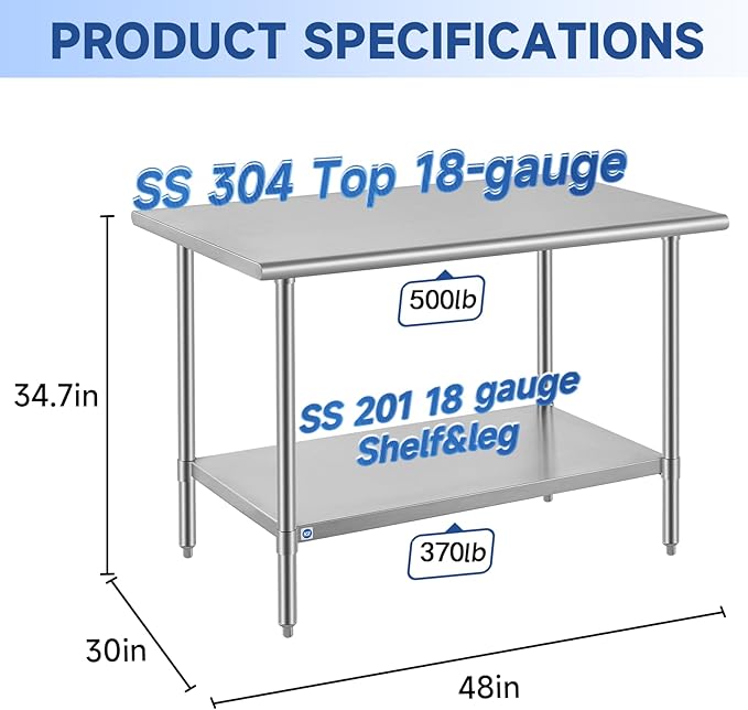ROCKPOINT SS304 Top All Stainless Steel Table for Prep & Work 30x48 Inches, NSF Commercial Kitchen Heavy Duty Table with Adjustable Undershelf for Restaurant,Kitchen, Home and Hotel