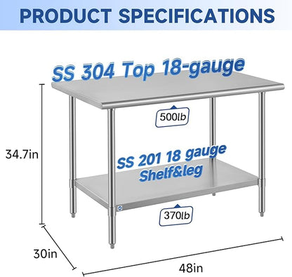 ROCKPOINT SS304 Top All Stainless Steel Table for Prep & Work 30x48 Inches, NSF Commercial Kitchen Heavy Duty Table with Adjustable Undershelf for Restaurant,Kitchen, Home and Hotel