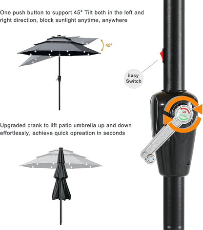 ABCCANOPY 3-Tiers 11FT Solar Patio Umbrella, Outdoor Umbrella with 32 LED Lights for for Deck, Pool, Garden, Backyard (Dark Gray)