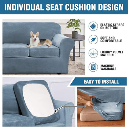 H.VERSAILTEX Real Velvet Plush 3 Piece Stretch Sofa Covers Couch Covers for 2 Cushion Couch Loveseat Covers Width Up to 72 Inch Feature Thick Soft Stay in Place (Medium Sofa, Stone Blue)