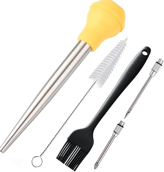 Turkey Baster, Baster Syringe for Cooking, Stainless Steel Baster with Marinade Injector Neddles &BBQ Brush & Cleaning Brush, Silicone Bulb, Stainless Steel Turkey Baster Set 5, Color Yellow