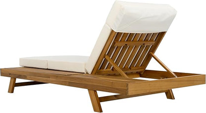 Christopher Knight Home Kayes Acacia Wood Chaise Lounge with 4'' Four-Folds Cushion, Outdoor 79'' Patio Recliner Chair with 4-Position Adjustable Backrest, Sun Lounger for Backyard, Teak+Beige