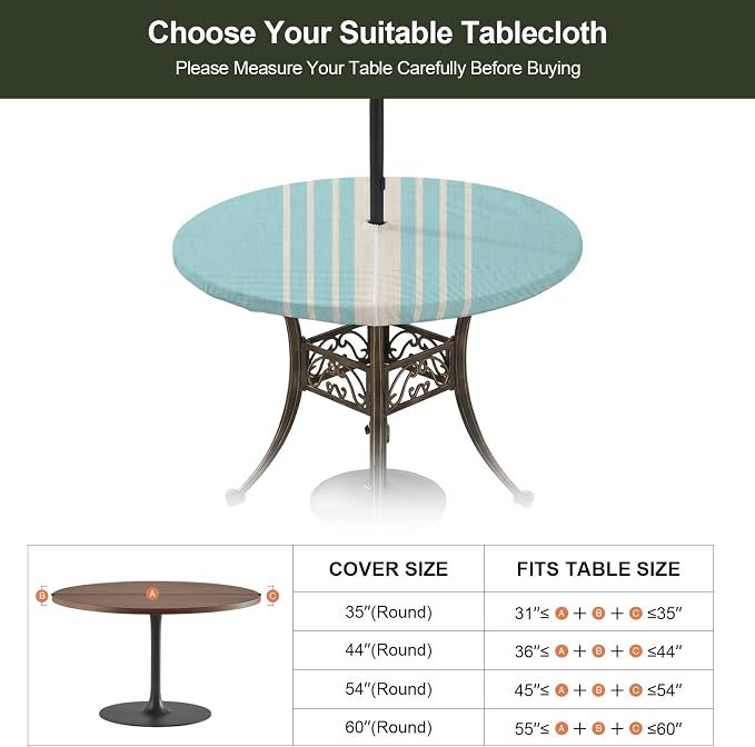 Outdoor Fitted Tablecloth with Umbrella Hole and Zipper, Lake Blue Beige Striped Elastic Round Patio Table Cover, Farmhouse Retro Lines Modern Table Protector for Backyard BBQ Party 31''-35''