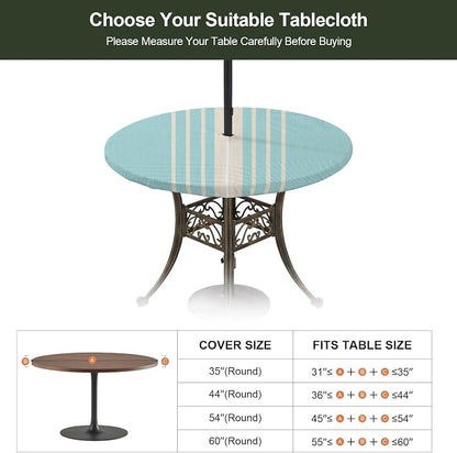 Outdoor Fitted Tablecloth with Umbrella Hole and Zipper, Lake Blue Beige Striped Elastic Round Patio Table Cover, Farmhouse Retro Lines Modern Table Protector for Backyard BBQ Party 31''-35''