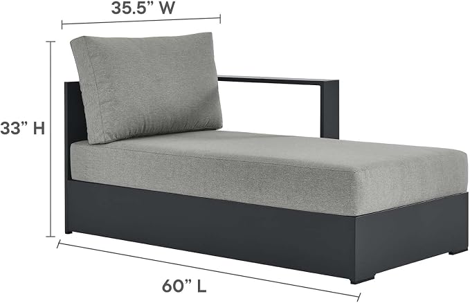 Modway Tahoe Powder-Coated Aluminum Outdoor Chaise Lounge Gray with Weather-Resistant Cushions, Modular Right-Facing Patio Lounger for Pool Furniture or Sectional Sofa Set