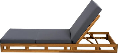 Merax Patio Chaise Lounge with Adjustable Backrest & Cushion, Acacia Wood Recliner Chair with Teak Finish for Backyard Pool Garden