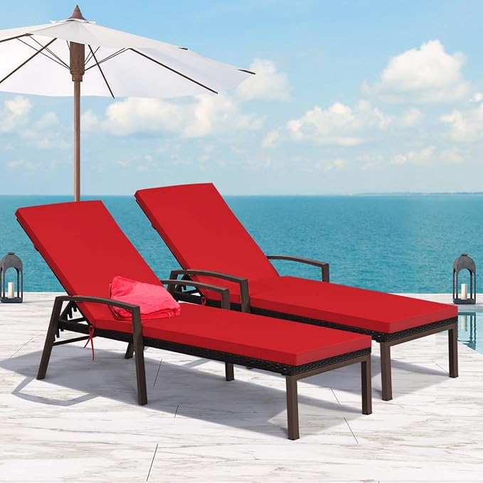 Tangkula Patio Rattan Lounge Chair, Outdoor Reclining Chaise with Cushion and Armrest, Wicker Sun Lounger with Adjustable Backrest for Garden, Balcony, Poolside (1, Red)