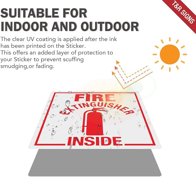 T&R Fire Extinguisher Inside Sign Stickers - 10 Pack - 3" x 3" Self-Adhesive Vinyl Reflective, UV resistant, Waterproof, Fade and Scratch Resistant, Suitable for Vehicles Indoor and Outdoor (Square)