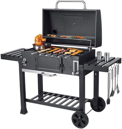 BBQ Grill Outdoor XXL Smoker Barbecue Charcoal Portable BBQ Grill Garden w/Wheels and Storage Shelves,Barbeque Grill with Thermometer Lid, Liftable Drawer Charcoal
