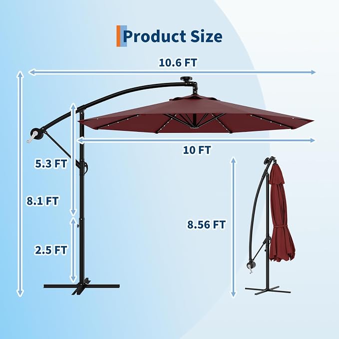 Garvee 10FT Solar Lights Offset Patio Umbrella with Cross Base, Burgundy | Cantilever Umbrella with Easy Lift & Tilt Adjustment, 8 Ribs Sun umbrella UV Protection for Backyard, Pool, Garden