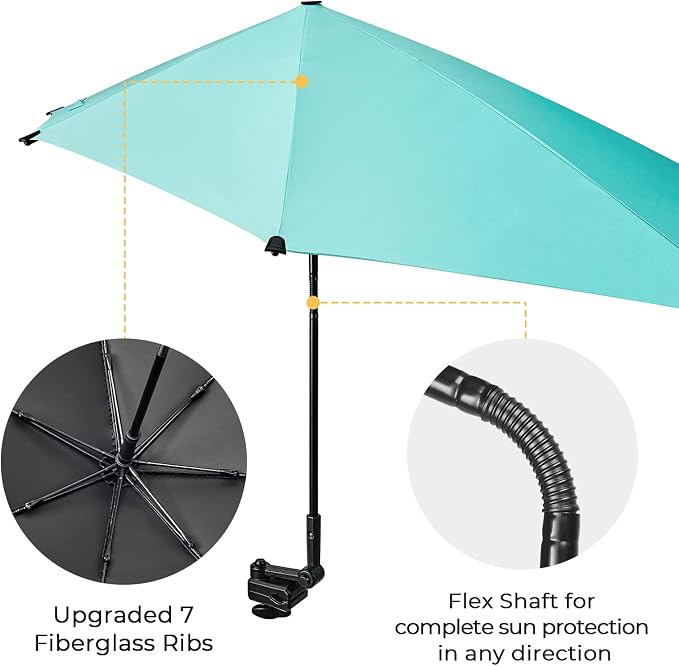 G4Free Beach Chair Umbrella with Universal Clamp UPF 50+ Golf Cart Umbrella | 46"x44" Large Canopy Sun Umbrella UV Protection, Adjustable Clamp for Beach Chair/Wheelchair/Stroller, 360° Flex Shaft, 7 Rib