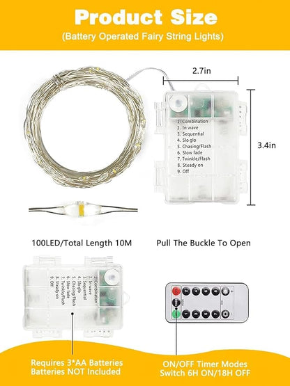 6 Pack 100 LED Fairy Lights Battery Operated with Remote, 33 FT Warm White | Cuttable, 8 Modes, Memory, Dimmable, Waterproof Battery String Lights with Timer for Indoor Outdoor, Christmas Decorations