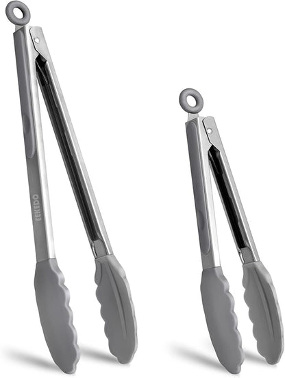 Tongs for Cooking, 600ºF High Heat-Resistant Stainless Steel Kitchen Tongs with Silicone Tips, Non Scratch, Locking Tong for BBQ Grilling Air Fryer Food Salads, Set of 2 (9" and 12") Light Grey
