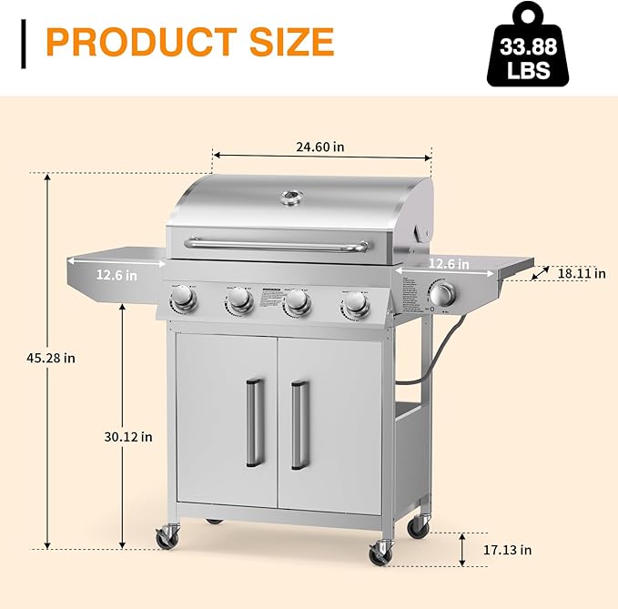 4 Burner Propane BBQ Grill with Side Burner, Stainless Steel Gas Grill with Built-in thermometer, 58,000 BTUs Output for Outdoor Cooking and Patio Backyard Barbecue