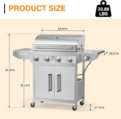 4 Burner Propane BBQ Grill with Side Burner, Stainless Steel Gas Grill with Built-in thermometer, 58,000 BTUs Output for Outdoor Cooking and Patio Backyard Barbecue