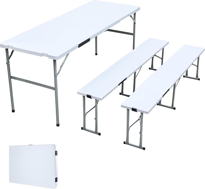 Camping table folding table and chairs foldable picnic table Portable White | Folding Table and Bench Set: 6-ft portable picnic table with two attached benches. Ideal for camping,BBQ and outdoor events